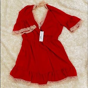 BCBGENERATION Red Chiffon/ Lace Flare Dress